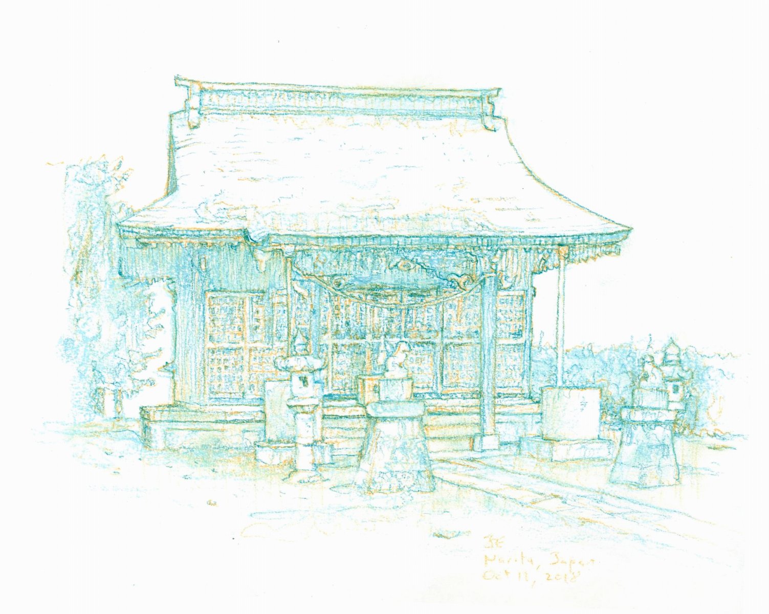 Pastel drawing by Jeremy Eliosoff, Japan Shrine, 2018, 10" x 8"