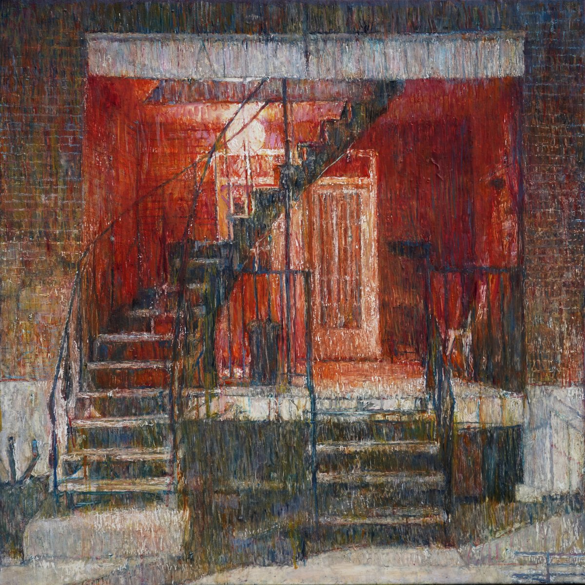 Oil painting by Jeremy Eliosoff, Red Light Doorway, 2022, 30" x 30"