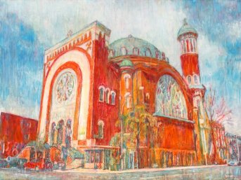 Oil painting by Jeremy Eliosoff, Mile End Church, 2021, 40" x 30"