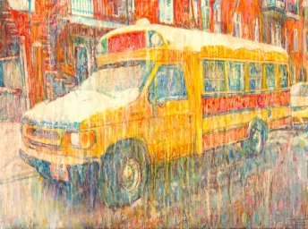 Oil painting by Jeremy Eliosoff, Schoolbus, 2021, 40" x 30"