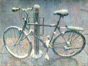 Oil painting by Jeremy Eliosoff, Winter Bike, 2021, 40" x 30"